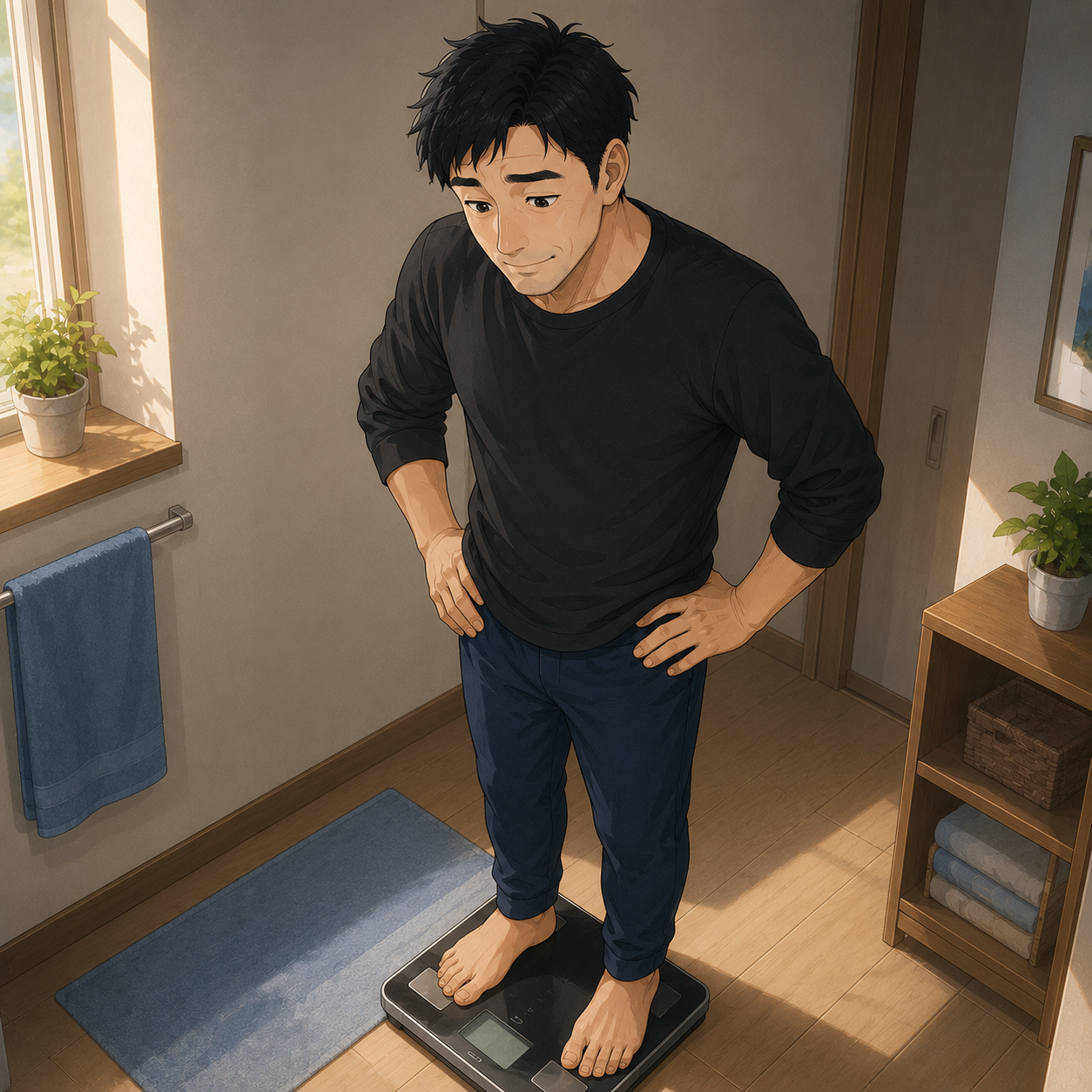 朝の体重計に乗る父ちゃん