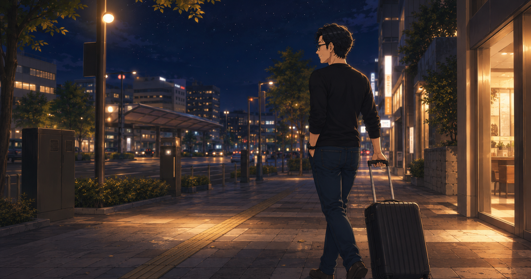 夜の街中を歩く
