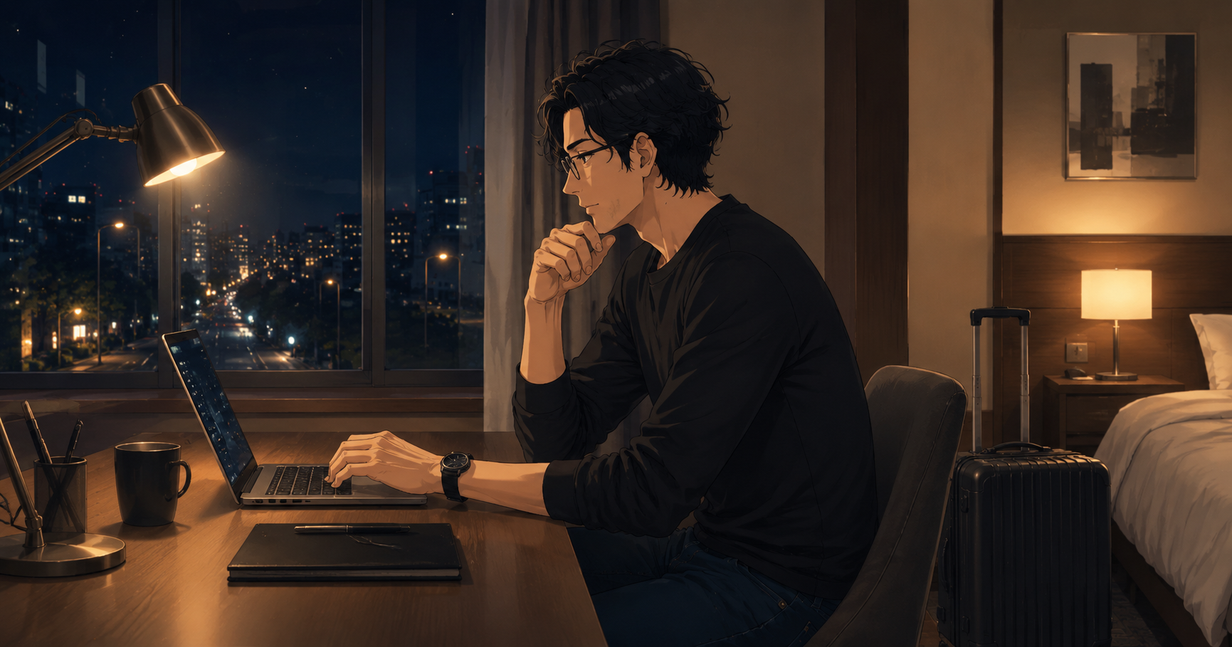 ホテルの机でPC開きながら考え事