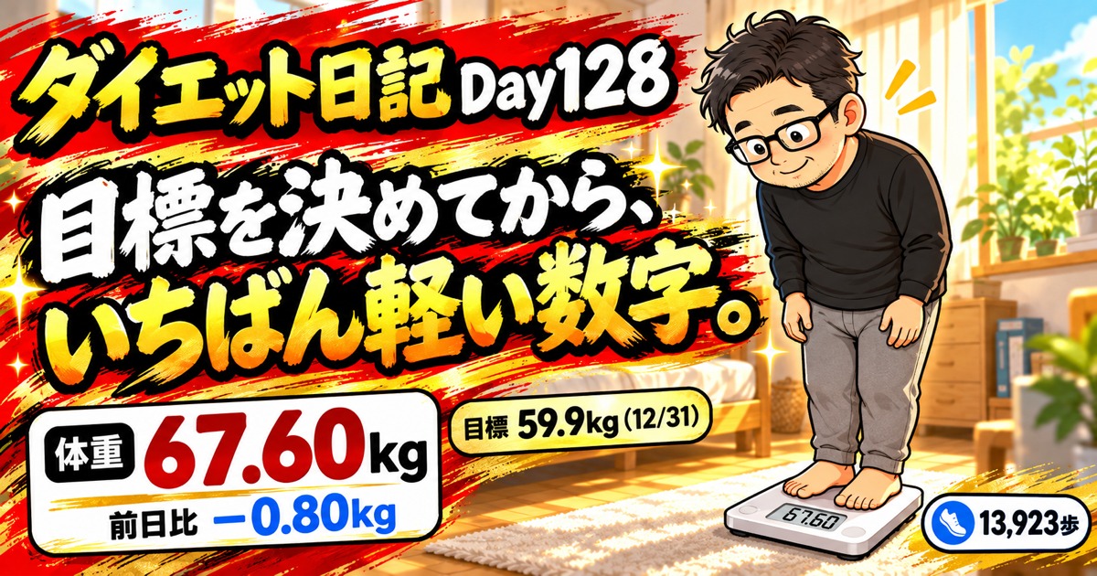 ダイエット日記 Day128 体重67.60kg 目標を決めてから、いちばん軽い数字
